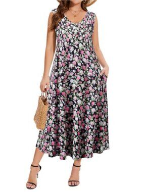 Plus Size Sleeveless V-Neck Floral Maxi Dress with Pockets Lightweight Rayon